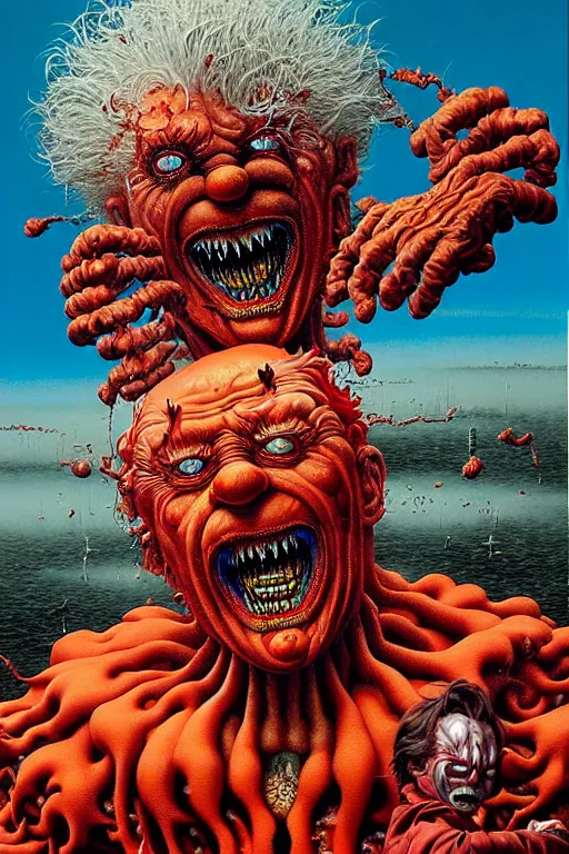 Prompt: a hyperrealistic painting of a evil boss fight against tyrant ronald mcdonald, cinematic horror by chris cunningham, lisa frank, richard corben, highly detailed, vivid color, beksinski painting, part by adrian ghenie and gerhard richter. art by takato yamamoto. masterpiece