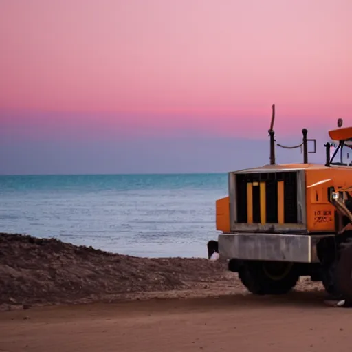 Prompt: a mining dump truck chilling on the beach, sunset