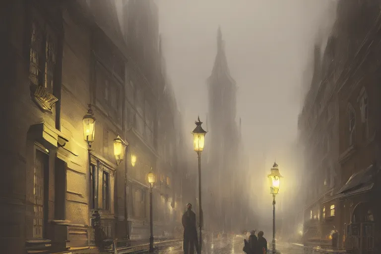 Prompt: beautiful serene victorian city, gaslight, rain, low angle, wide angle, artstation