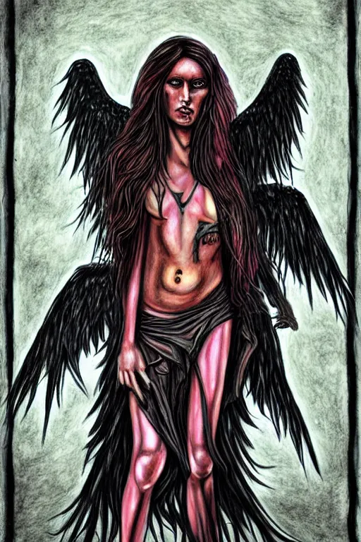 Image similar to human need death angel, realistic, art by cinta arribas colored by sonia alins, line by benjamin flouw