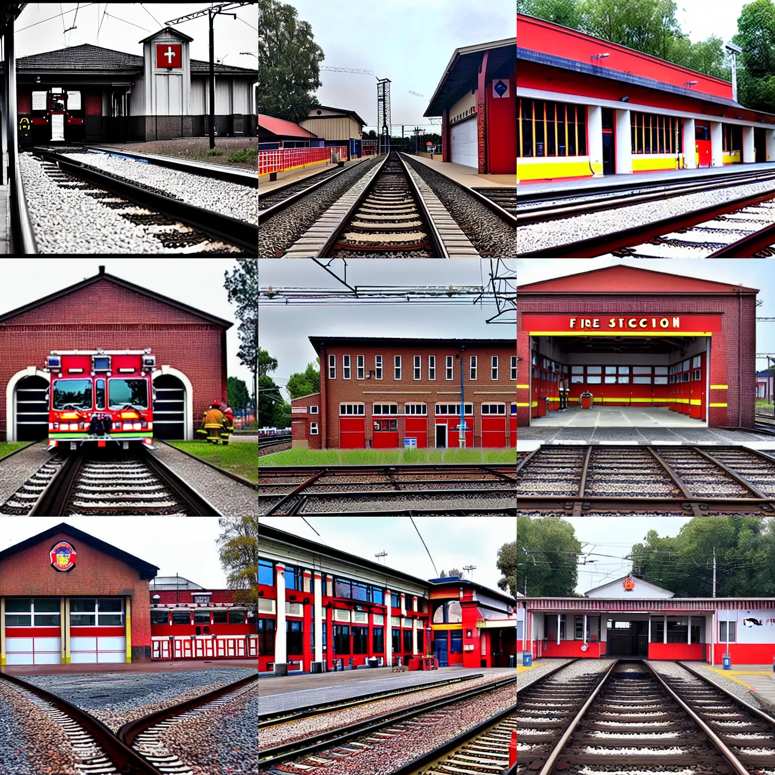 Prompt: a fire station, railway tracks inside it