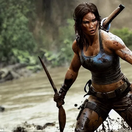 Image similar to film scene muscular lara croft emerges from the river water, her face is covered with mud, part of the body is still in the river