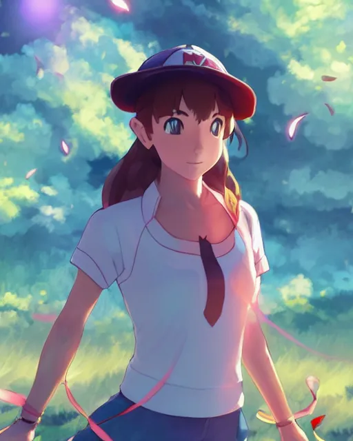 Image similar to a female pokemon trainer girl, full shot, atmospheric lighting, detailed face, by makoto shinkai, stanley artger m lau, wlop, rossdraws, james jean, andrei riabovitchev, marc simonetti, krenz c