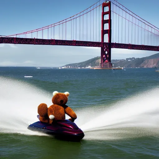 Image similar to A teddy bear wearing a motorcycle helmet and cape is driving a speed boat near the Golden Gate Bridge . dslr photo.