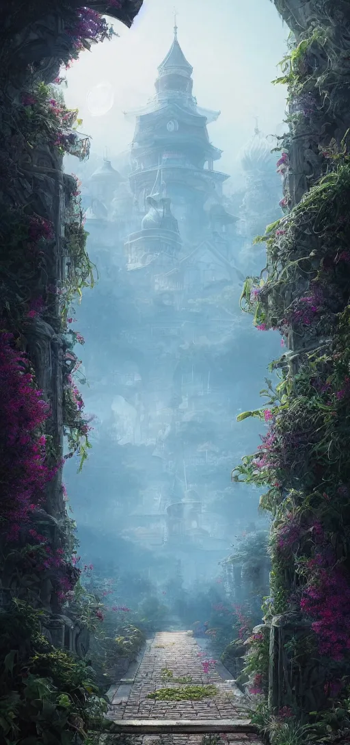 Prompt: vanishing point palace is like the kremlin covered with aqua blue roses on a lake, viewed from afar, stephen bliss, misty, unreal engine, fantasy art by greg rutkowski, loish, ferdinand knab, and lois van rossdraws,, global illumination, radiant light, minimalist, detailed and intricate environment