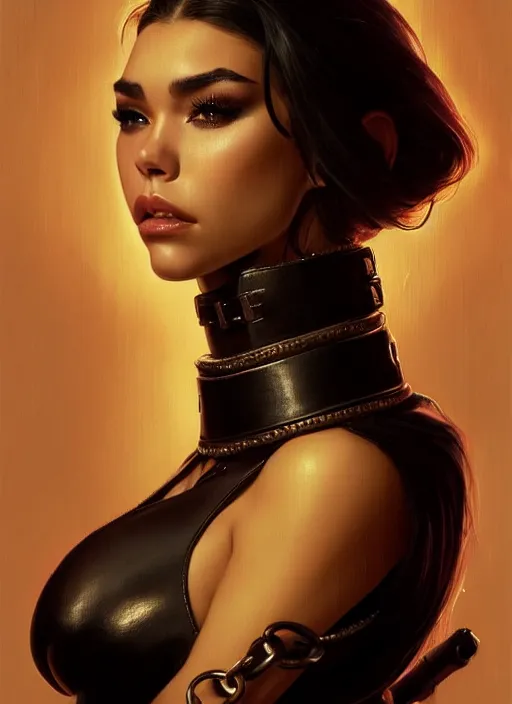 Image similar to portrait of madison beer as a sultry domina, collar and leash, leather, greek, intricate, headshot, madison beer face, highly detailed, digital painting, artstation, concept art, sharp focus, cinematic lighting, illustration, art by artgerm and greg rutkowski, alphonse mucha, cgsociety