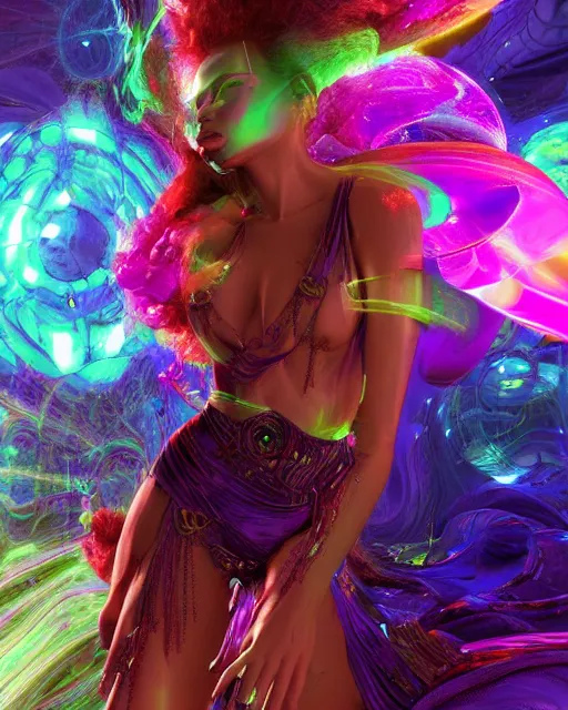 Image similar to a powerful energy psychedelic woman, by alexander fedosav, hyper detailed digital matte painting, concept art, hyperrealism, 1 6 k resolution, cinema 4 d, 8 k resolution, trending on artstation, behance hd, a masterpiece, by stephan martiniere, particles, cel - shaded, power bright neon energy, by david a. hardy,