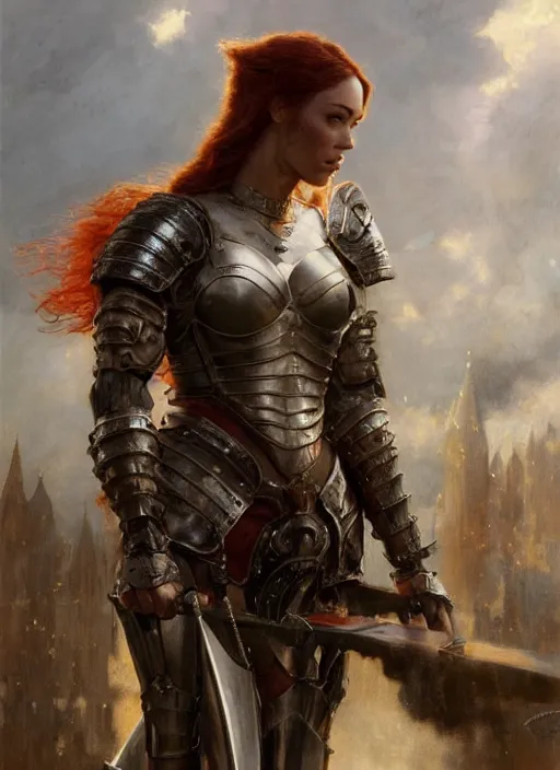 Image similar to short muscular redheaded woman wearing realistic medieval armour, megan fox, detailed by gaston bussiere, bayard wu, greg rutkowski, giger, maxim verehin, greg rutkowski, masterpiece, sharp focus, cinematic lightning