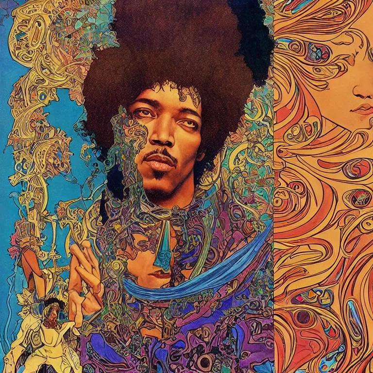 Prompt: colorfull artwork by Franklin Booth and Alphonse Mucha and Mati Klarwein showing a portrait of Jimi Hendrix as a futuristic space shaman