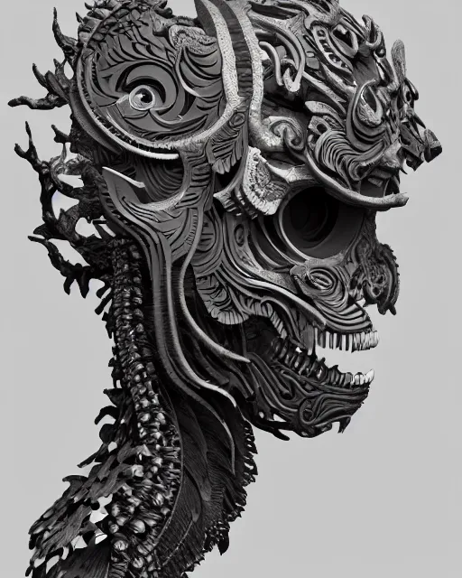 Prompt: 3 d ornate carved head with tattoos profile portrait, sigma 5 0 0 mm f / 5. beautiful intricate highly detailed quetzalcoatl skull. bioluminescent, plasma, lava, ice, water, wind, creature, thunderstorm! artwork by tooth wu and wlop and beeple and greg rutkowski, 8 k trending on artstation