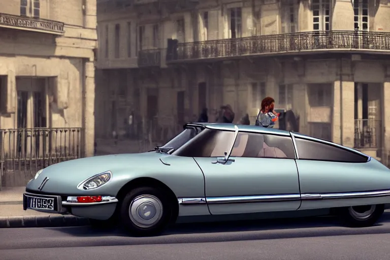 Image similar to a wholesome beautiful animation key shot of!! one!! focused!! 1 9 7 4 citroen ds!! in a paris street, medium wide shot, sharp, very detailed, high resolution, rendered in unreal engine 5, anime key art by greg rutkowski, bloom, dramatic lighting