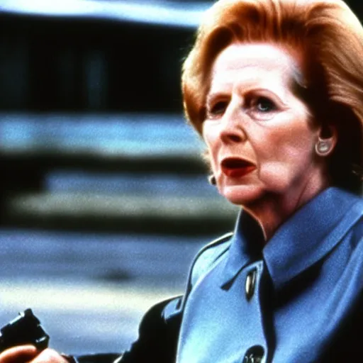 Image similar to A still of Margaret Thatcher as the Terminator in Terminator 2: Judgement Day (1991)