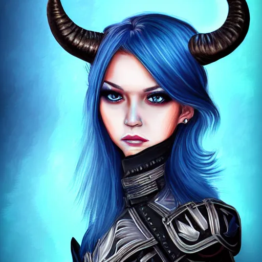 Prompt: illustrated realistic portrait female ram-horned kobold blue hair with black evil devil eyes wearing leather armor by rossdraws