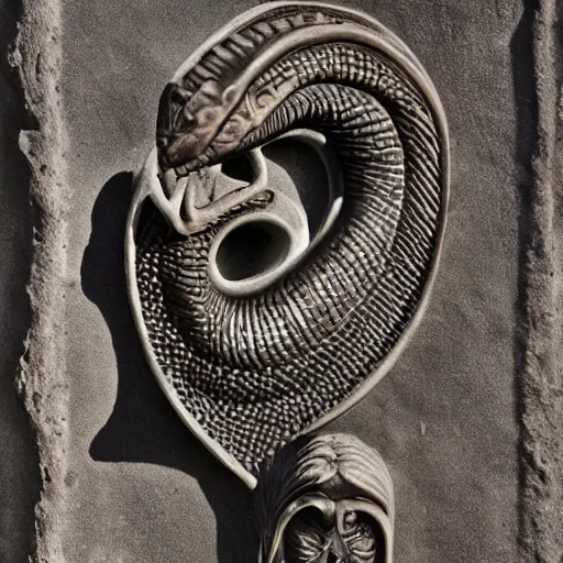 Prompt: serpent king : : grubby, volatile, highly detailed, maximalist : : obsidian carving : : shadows, visual depth, memorial, tomb : :