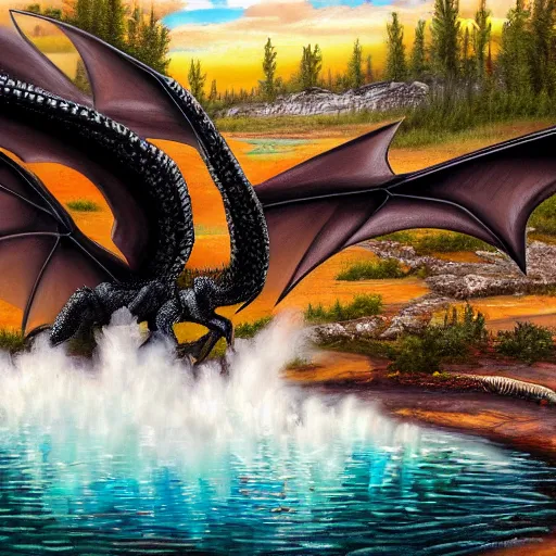 Image similar to highly detailed oil painting of a black dragon in a colorful hotspring at yellowstone national park, featured on artstation