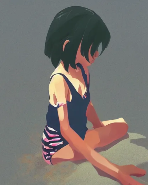 Prompt: a little girl sit beach. clean cel shaded vector art. illustration art by lois van baarle and helen huang and artgerm and makoto shinkai and ilya kuvshinov