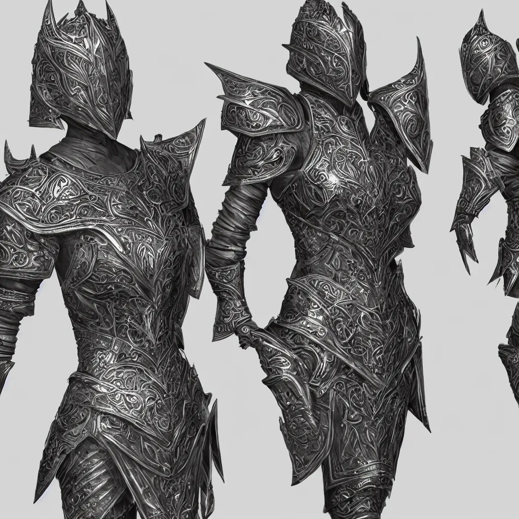 Image similar to concept layout of 3 d rendered suit of decorative female armor, filigree, lord of the rings, elder scrolls, detailed, art station, unreal engine