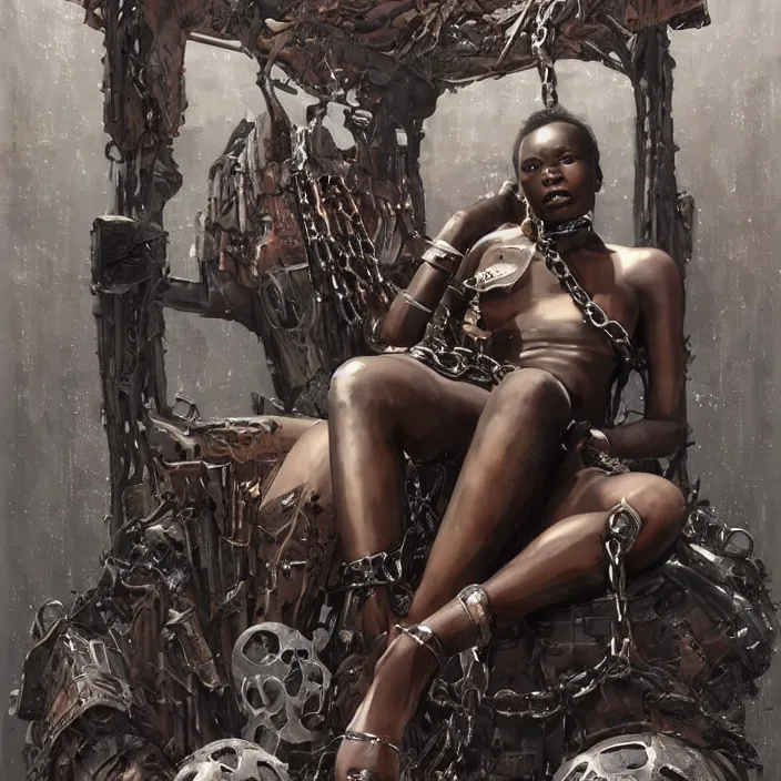 Prompt: postapocalyptic beautiful african domme mistress in her throne, full body, ebony skin, rubber and latex, chains, smooth white surroundings, smooth, concept art, realistic painting, digital art by greg rutkowski, by junji ito