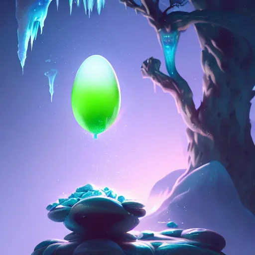 Image similar to magic frozen ice phoenix egg, deadly green potion flowing from the top, peter mohrbacher style, ray tracing, cinematic, digital art, realistic, octane render