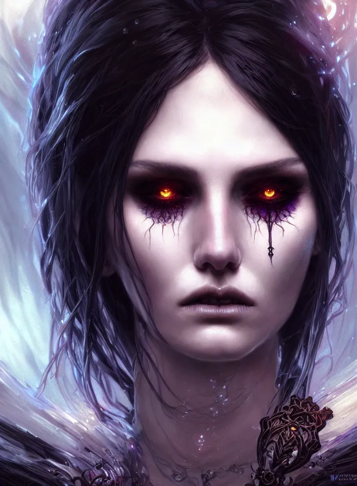 Image similar to Necromancer Sorceress face close-up macro in center, fantasy magic, undercut hairstyle, dark light night, intricate, elegant, sharp focus, illustration, highly detailed, digital painting, concept art, matte, art by WLOP and Artgerm and Greg Rutkowski and Alphonse Mucha, masterpiece