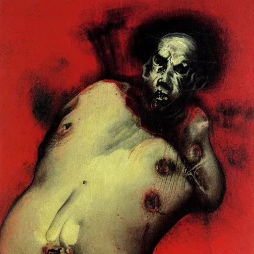 Prompt: A figure seated with exposed fleshy ribcage and blood in the sea by Francisco Goya and Francis Bacon, vibrant red background, mythological painting, oil painting, triadic color scheme, very coherent, Beksinski painting