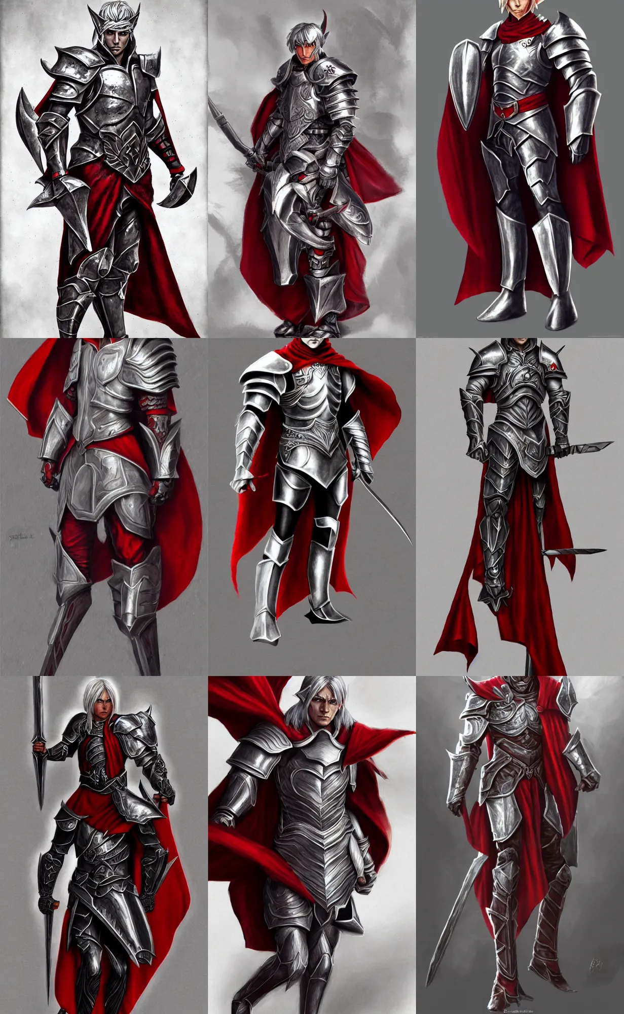 Prompt: A full body illustration of a male elf, short silver hair, red eyes, wearing heavy armor, with cape, lean but muscular, attractive, command presence, royalty, weathered face, gritty, hard shadows, smooth, illustration, concept art, highly detailed, muscle definition, ArtStation, ArtStation HQ
