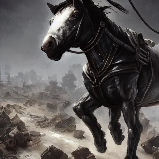 Image similar to splash art of a muscular black - coated anthropomorphic horse character wearing tactical kevlar fabric standing in rubble, long white mane visible, exaggerated muscles, highly detailed, furry, furaffinity, digital painting, artstation, sharp focus, illustration, art by artgerm, greg rutkowski, alphonse mucha