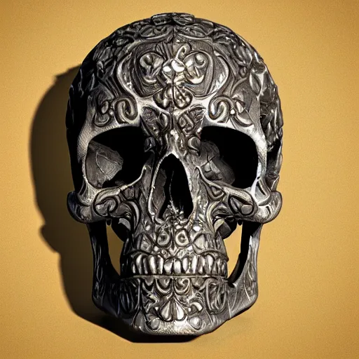 Image similar to human skull ornated, filigree, patina, bronze, ornaments, 3 d design for tattoo, hyper maximalist, elegant, ornate, luxury, elite, symmetrical, unreal engine, 3 d design