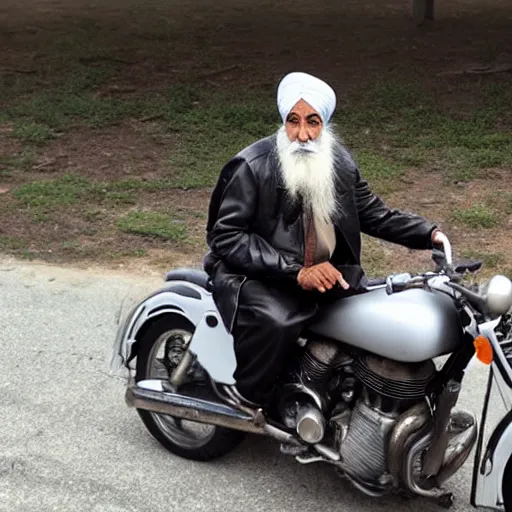 Image similar to photograph of an elderly sikh man in a leather jacket, riding a motorcycle