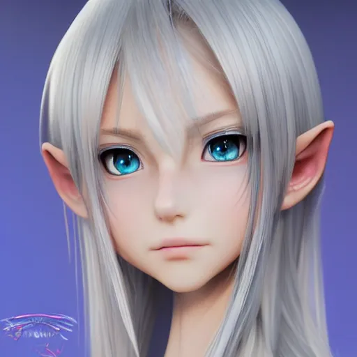 Image similar to UHD photorealistic anime, highly detailed beautiful gorgeous cute innocent young gentle elf princess in final fantasy style +(anatomically correct facial features + (highly detailed = silky blonde hair)+((highly detailed and anatomically correct (realistic and highly detailed + anatomically correct and accurately shaped stunning blue=eyes),highly detailed and anatomically correct nose, highly detailed and anatomically correct lips)))) by Ruan Jia, Fenghua Zhong, and Ferdinand Knab