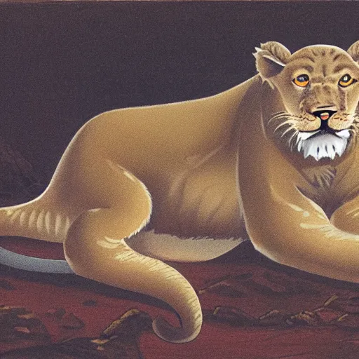 Image similar to a sabertooth cat, lion with huge walrus fangs, naturalist illustration