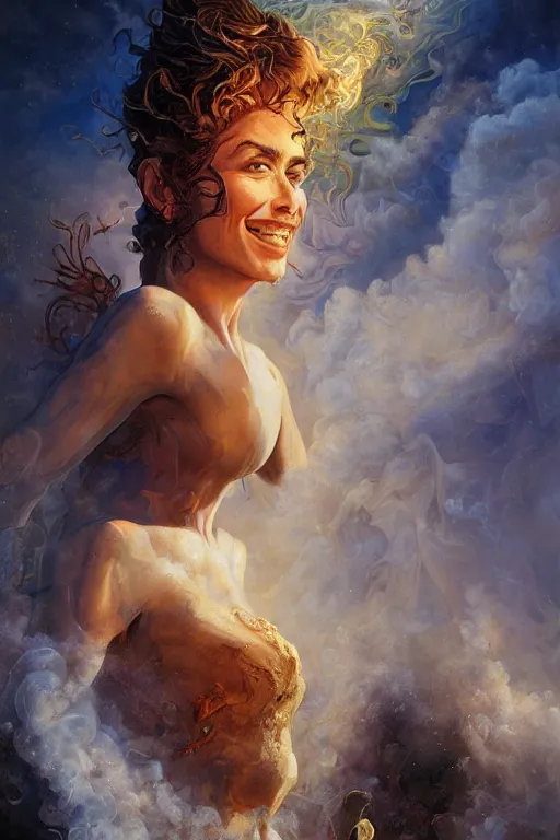 Image similar to a smiling claudia black melting into smoke highly detailed, james gurney, alan lee, michael cheval, peter mohrbacher, boris vallejo, jessica rossier, oil painting