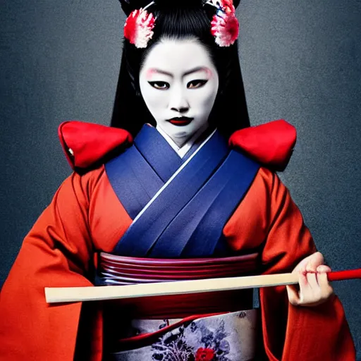 Image similar to geisha as a samurai, in battle, advertising photography