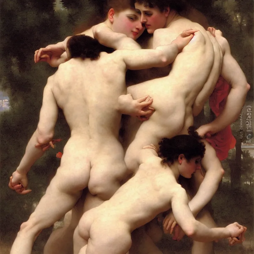 Prompt: a painting of a man and a woman joined at the waist, wrestling to break free of each other. by bouguereau.