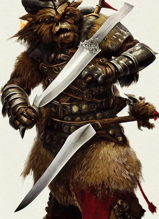 Image similar to photorealistic bugbear ranger holding sword on fire, magic, black beard, dungeons and dragons, pathfinder, roleplaying game art, hunters gear, jeweled ornate leather and steel armour, concept art, character design on white background, by sargent, norman rockwell, makoto shinkai, kim jung giu, artstation trending, poster art, colours red