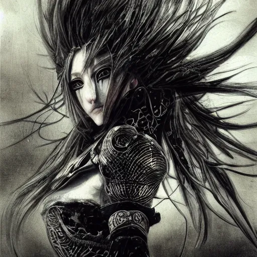 Image similar to Yoshitaka Amano realistic illustration of an anime girl with wavy white hair and cracks on her face wearing dark souls armour with the cape fluttering in the wind, abstract black and white patterns on the background, noisy film grain effect, highly detailed, Renaissance oil painting, weird portrait angle