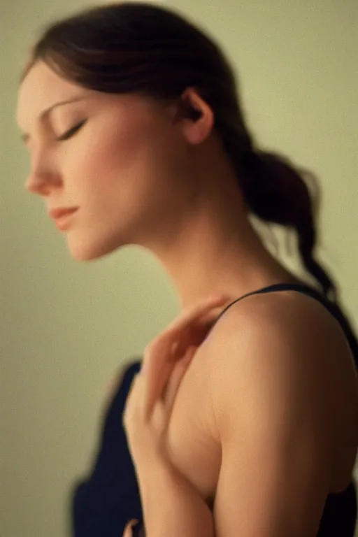 Prompt: A still of a famous actress posed in profile, she has beautiful bone structure and long dark hair. Eyes closed. Volumetric lighting, award winning, highly detailed, cinestill 800t.