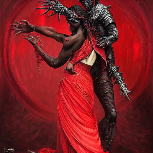 Image similar to a photograpic portrait of a black man dancing with a female devil wearing red clothes, Dark souls themed, fantasy, intricate, elegant, highly detailed, digital painting, artstation, concept art, smooth, sharp focus, illustration, art by artgerm and H R Giger and alphonse mucha