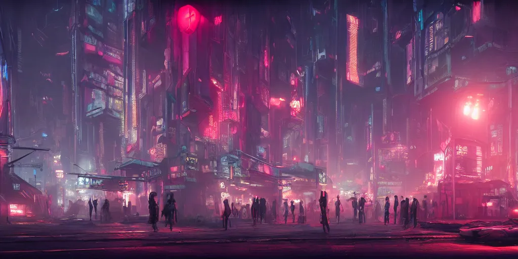 Image similar to matte painting environment design of dystopian cyberpunk city with neon lights, people on the streets being monitored by drones, trending on artstation, painted by dreadjim, eddie mendoza, james paick, zeen chin, 4k, octane render