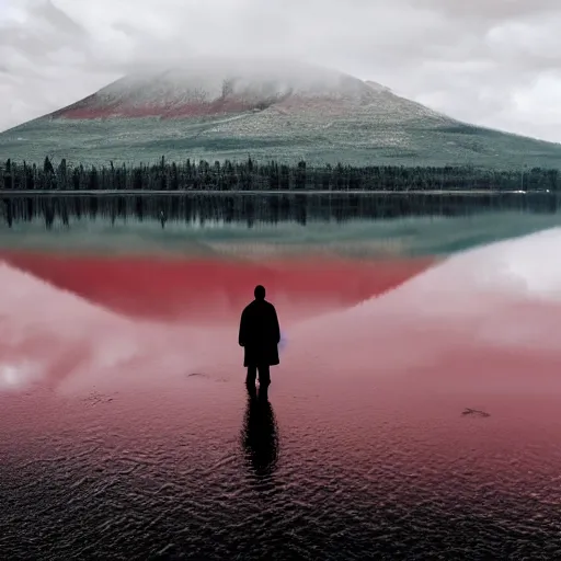 Image similar to a lonely dark figure wading through a red lake