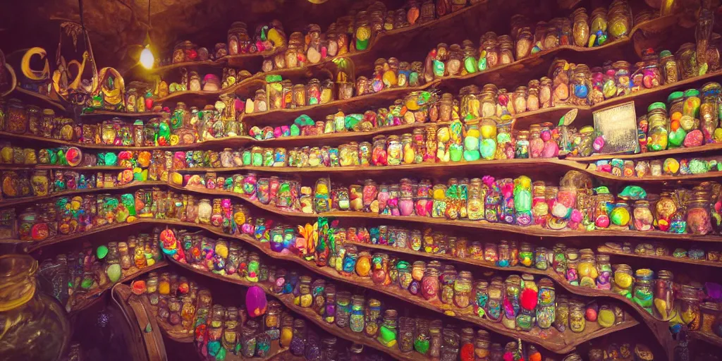 Prompt: Inside an old magical sweet shop, large jars on shelves, beautiful labels, fantasy vendor interior, wide angle, cinematic, highly detailed, photorealistic, rich bright colors, trending on artstation, trending on cgsociety