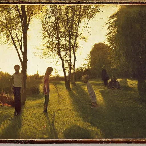 Image similar to Photograph, the warm, golden light of the sun casts a beautiful glow on the scene, and the gentle breeze ruffles the leaves of the trees. The figures in the photograph are engaged in a simple activity, the way they are positioned and the expressions on their faces suggest a deep connection. Peace and contentment, idyllic setting. tintype by Ilya Kuvshinov bold