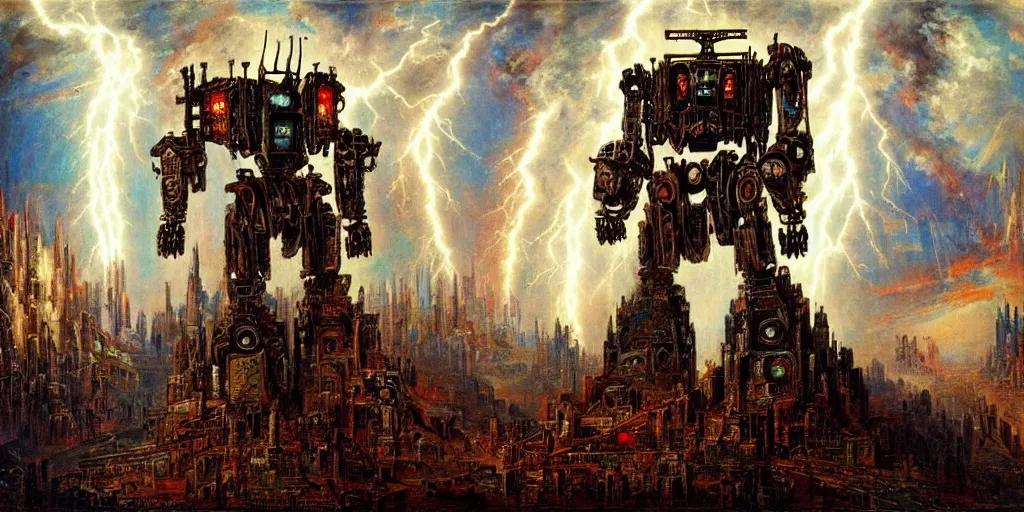 Prompt: Giant War Robot in the middle of Toyto in style of Gustave Moreau. Symbolism, Detailed Art, 8K, Epic, Dynamic Lightning.