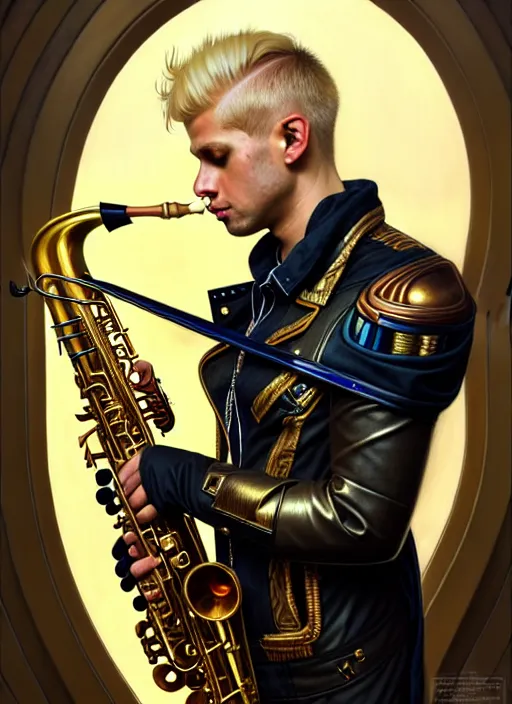 Prompt: portrait of a blond man playing sax, warhammer 40000, cyberpunk, intricate, elegant, highly detailed, digital painting, artstation, concept art, smooth, sharp focus, illustration, art by artgerm and greg rutkowski and alphonse mucha and Gustav Klimt