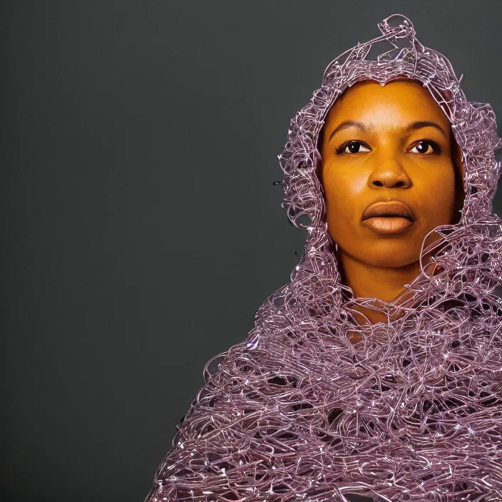 Image similar to a closeup portrait of a woman wearing a hood made of wire and plastic, in a laundry mat, color photograph, by kehinde wiley, canon eos c 3 0 0, ƒ 1. 8, 3 5 mm, 8 k, medium - format print