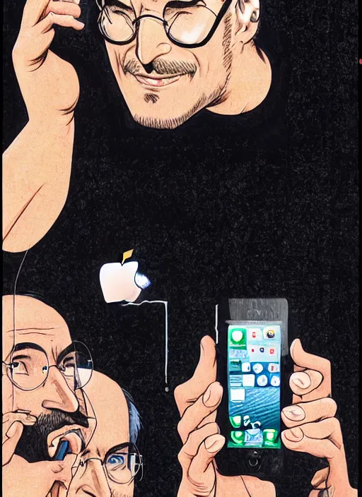 Image similar to steve jobs revealing the iphone as manga, 8 k, color, by katsuhiro otomo and hiroya oku and makoto yukimura