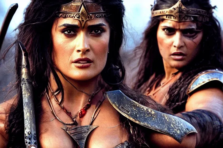 Image similar to epic photo of salma hayek as beautiful barbarian warrior princess in a battle scene, detailed eyes, neutral expression, depth of field, photorealistic, cinematic lighting, lovely bokeh, warm colours, dusk, movie quality