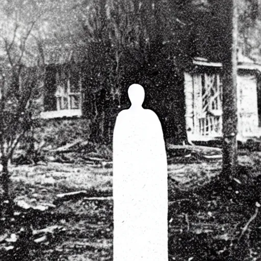 Prompt: scary unproportionally tall ghost creature in the middle of a village, 1920s picture