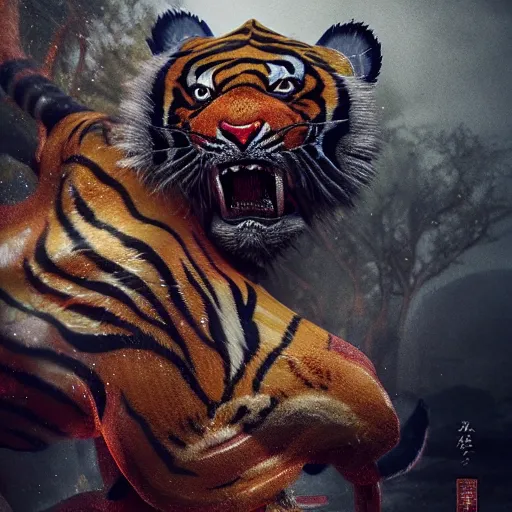 Prompt: The Chinese Zodiac sign of tiger warrior, traditional Chinese textures, hyper detail, Unreal engine,Octane render, by Brooke Shaden