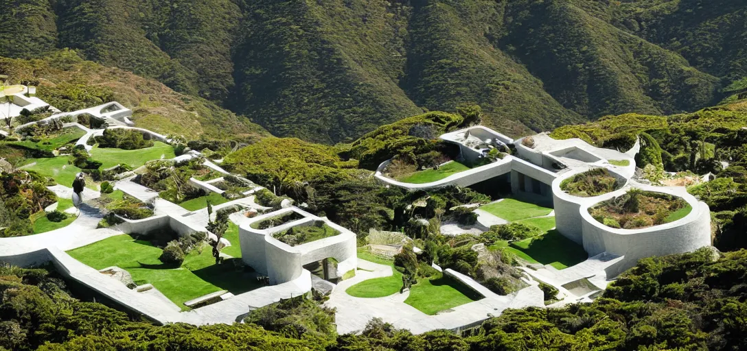 Prompt: castle designed by renzo piano overlooking big sur. landscape design by roberto burle marx.